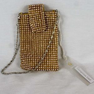 NWT GORGEOUS GIRL COLLECTION RHINESTONE BAG GOLD WITH SILVER CHAIN HANDLE PHONE